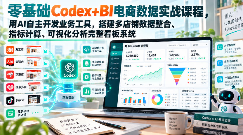 零基础Codex+BI电商数据实战课程，用AI自主开发业务工具，搭建多店铺数据整合、指标计算、可视化分析完整看板系统-梦清研习社