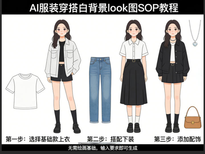 AI服装穿搭白背景look图SOP教程，不用会画画，提几句具体要求，AI就能还你一个奇迹-梦清研习社