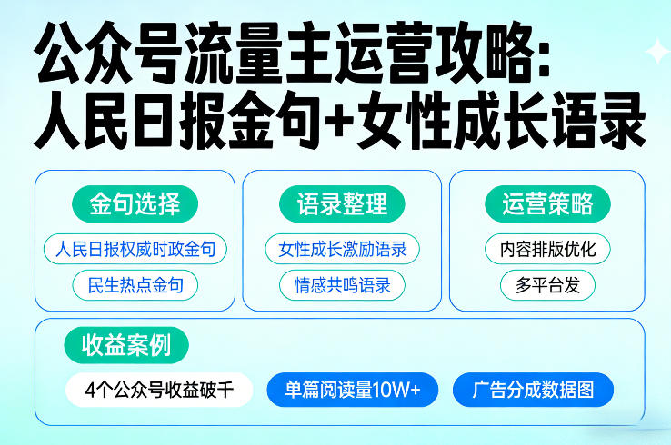 利用人民日报金句+女性成长语录做公众号流量主,4个公众号收益破千-梦清研习社