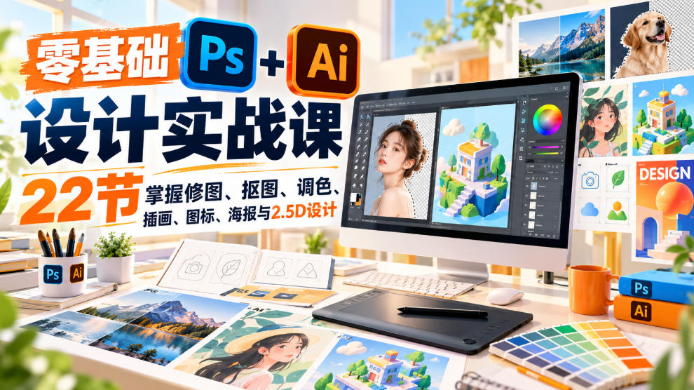 【无水印】零基础PS+AI设计实战课｜22节掌握修图、抠图、调色、插画、图标、海报与2.5D设计-梦清研习社