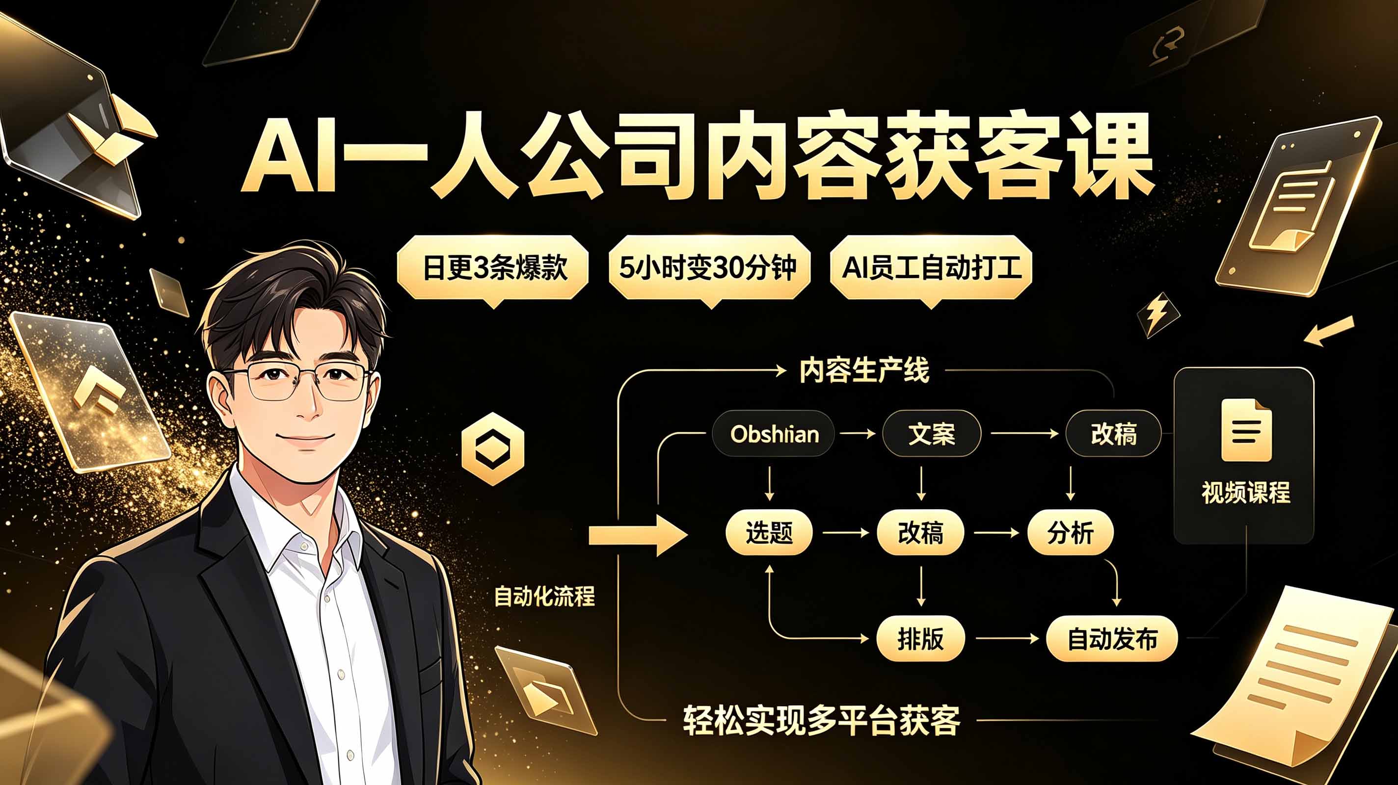 AI一人公司内容获客课：日更3条爆款×5小时变30分钟×AI员工自动打工，轻松实现多平台获客-梦清研习社