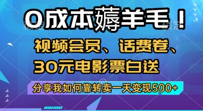 0成本薅羊毛!视频会员、话费卷、30元电影票白送，分享我如何靠转卖一天变现5张+【揭秘】-梦清研习社