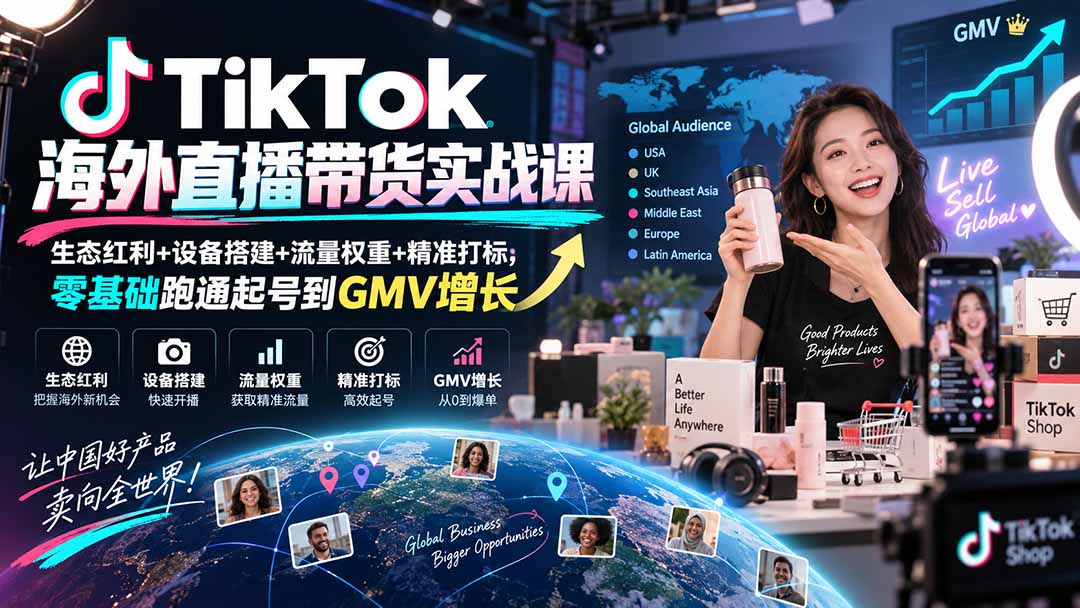 TikTok海外直播带货实战课｜生态红利+设备搭建+流量权重+精准打标，零基础跑通起号到GMV增长-梦清研习社