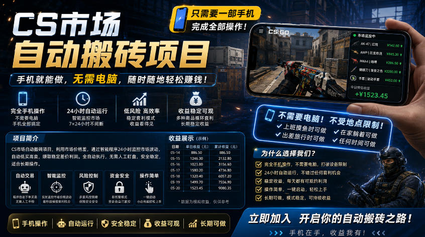 手机即可操作的CS市场自动搬砖系统｜自动监控｜自动下单|日入300+【揭秘】-梦清研习社