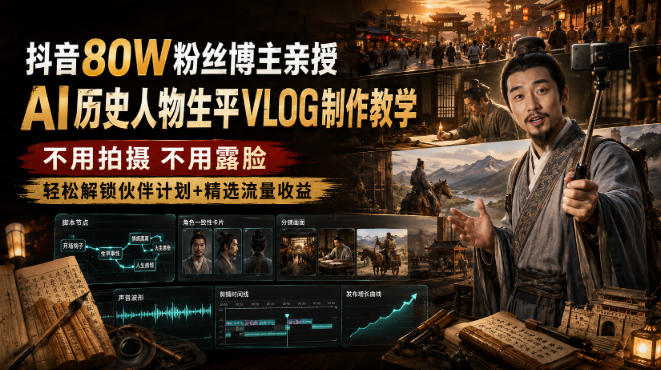 抖音80W粉丝博主的AI历史人物生平VLOG教学，不用拍摄不用露脸，AI帮你搞定，轻松解锁伙伴计划+精选收益-梦清研习社
