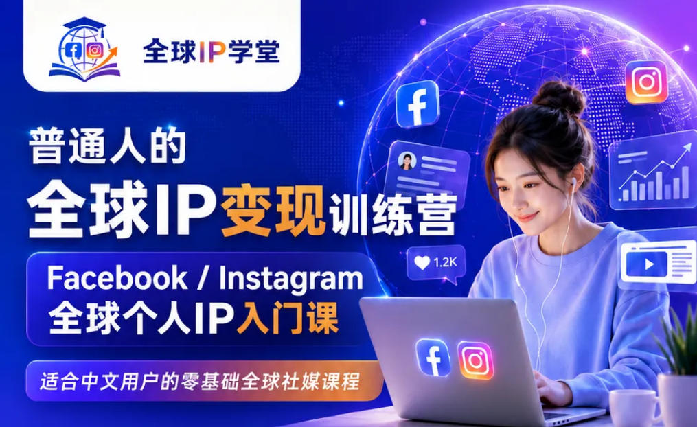 普通人的全球IP变现训练营，Facebook/Instagram全球个人IP入门课，零基础全球社媒课程-梦清研习社