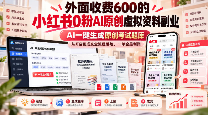 外面收费600的小红书0粉AI原创虚拟资料副业，AI一键生成原创考试题库，从开店到成交全流程落地，一单全是利润-梦清研习社