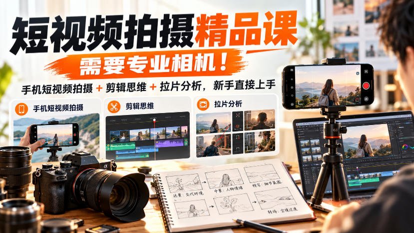 短视频拍摄精品课，需要专业相机！手机短视频拍摄+剪辑思维+拉片分析，新手直接上手-梦清研习社