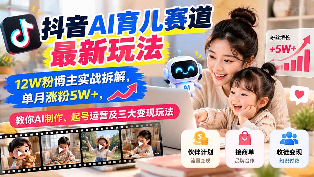 抖音AI育儿赛道最新玩法：12W粉博主实战拆解，单月涨粉5W+，教你AI制作、起号运营及三大变现玩法-梦清研习社
