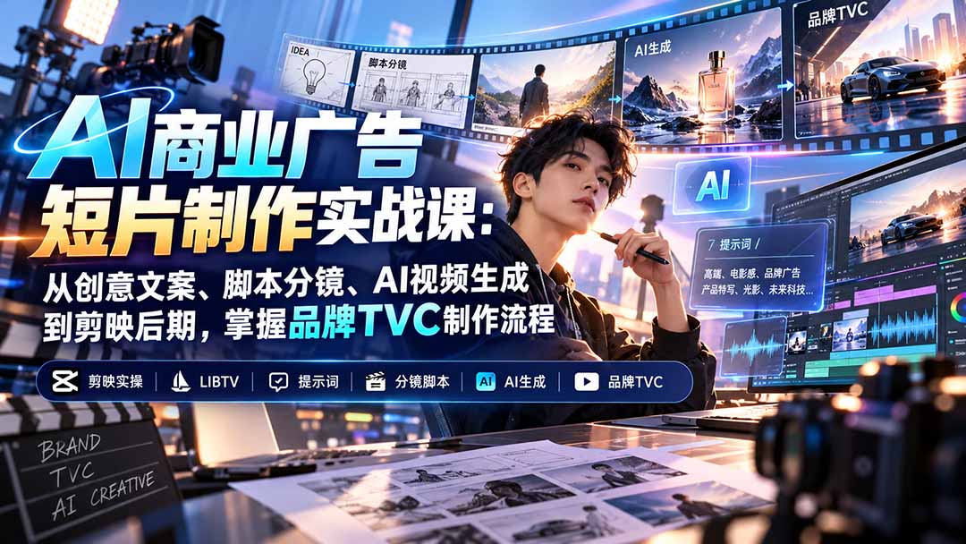 AI商业广告短片制作实战课：从创意文案、脚本分镜、AI视频生成到剪映后期，掌握品牌TVC制作流程-梦清研习社