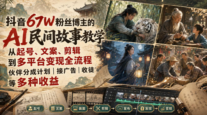 抖音67W粉丝博主的AI民间故事教学，从起号、文案、剪辑到多平台变现全流程，伙伴分成计划接广告等多种收益，月入1W+-梦清研习社