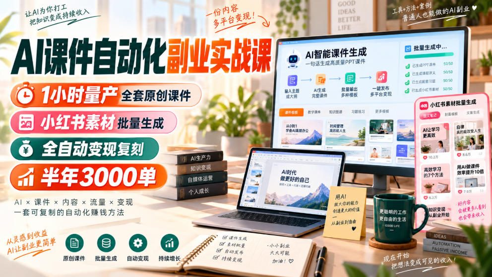 AI课件自动化副业实战课，1小时量产全套原创课件，小红书素材批量生成，全自动变现复刻，半年3000单-梦清研习社