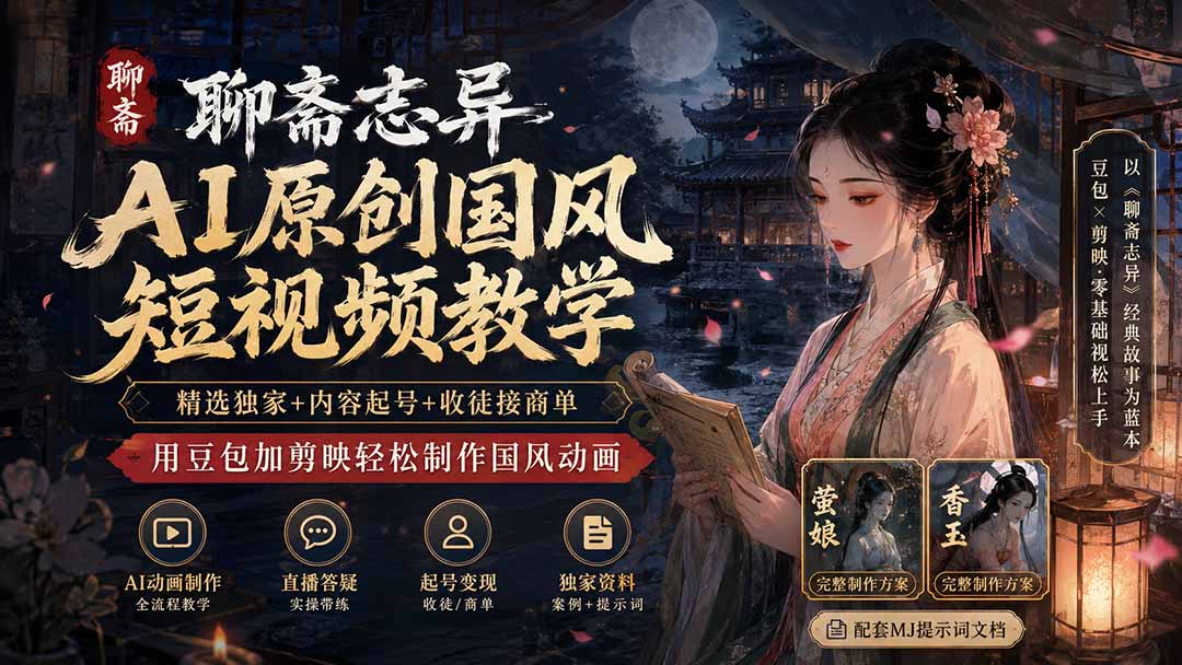 聊斋志异AI原创国风短视频教学-更新;精选独家+内容起号+收徒接商单,用豆包加剪映轻松制作国风动画-梦清研习社