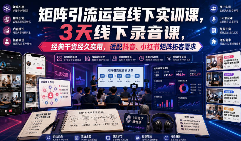 嗨推矩阵引流运营线下实训课，3天线下录音课，经典干货经久实用，适配抖音、小红书矩阵拓客需求-梦清研习社