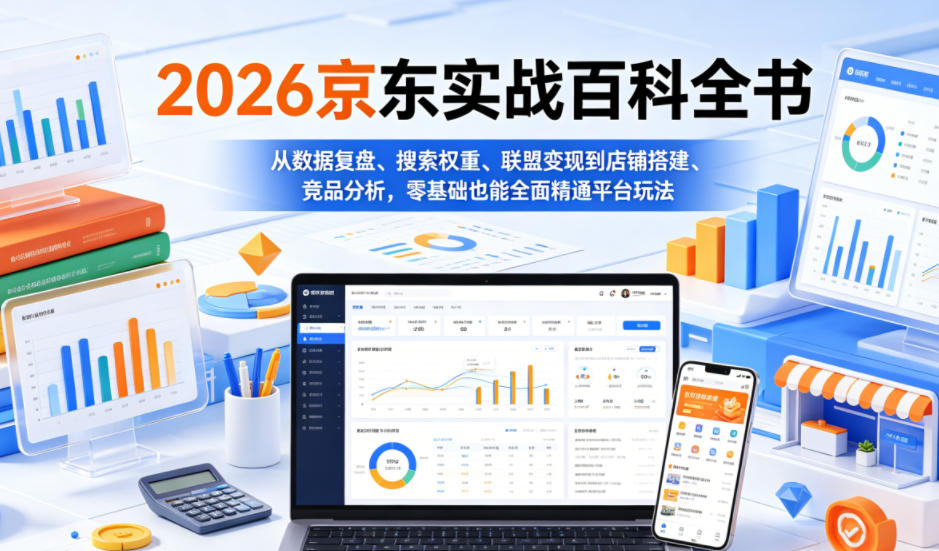 2026京东实战百科全书，从数据复盘、搜索权重、联盟变现到店铺搭建、竞品分析，零基础也能全面精通平台玩法-梦清研习社