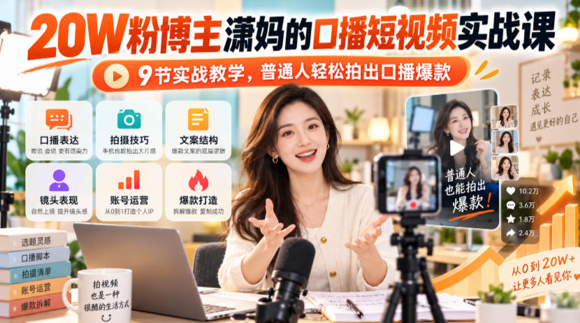 20W粉博主潇妈的口播短视频实战课，9节实战教学，普通人轻松拍出口播爆款-梦清研习社