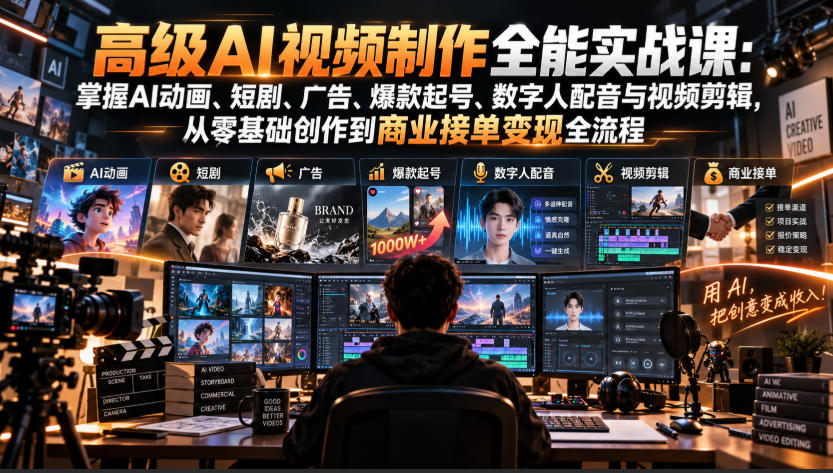 高级AI视频制作全能实战课：掌握AI动画、短剧、广告、爆款起号、数字人配音与视频剪辑，从零基础创作到商业接单变现全流程-梦清研习社