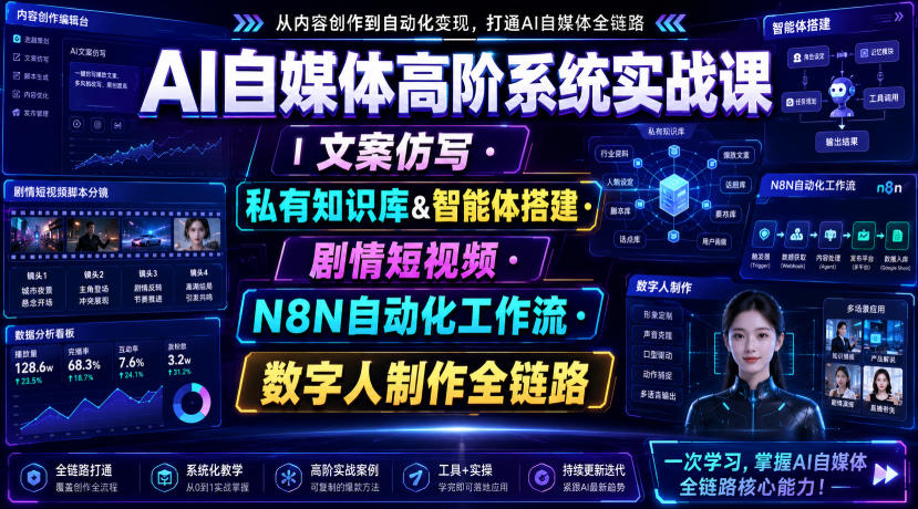 AI自媒体高阶系统实战课｜文案仿写・私有知识库&智能体搭建・剧情短视频・N8N自动化工作流・数字人制作全链路-梦清研习社