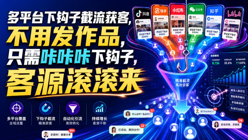 多平台下钩子截流获客，不用发作品，只需咔咔咔下钩子，客源滚滚来-梦清研习社