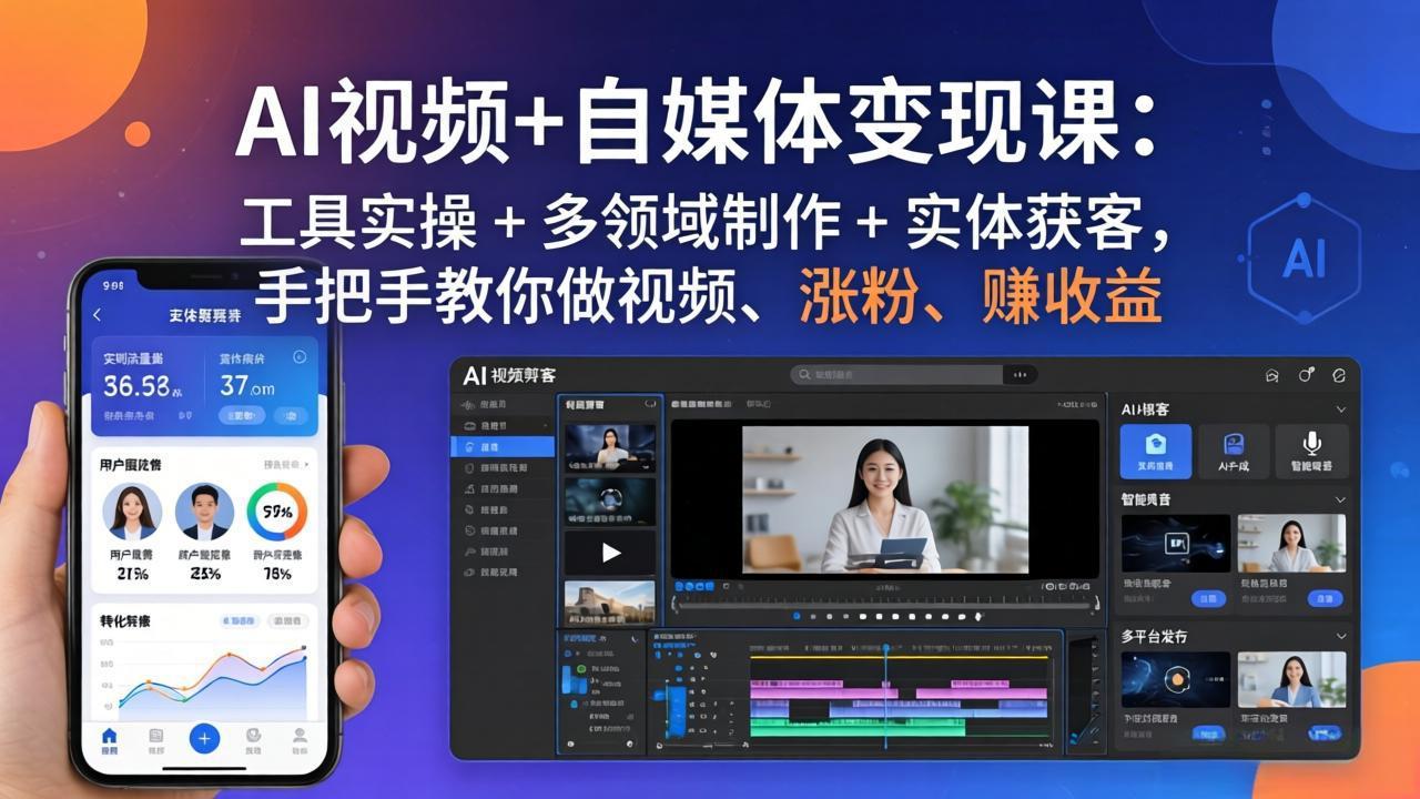 AI视频+自媒体变现课:工具实操 + 多领域制作 + 实体获客,手把手教你做视频、涨粉、赚收益-梦清研习社