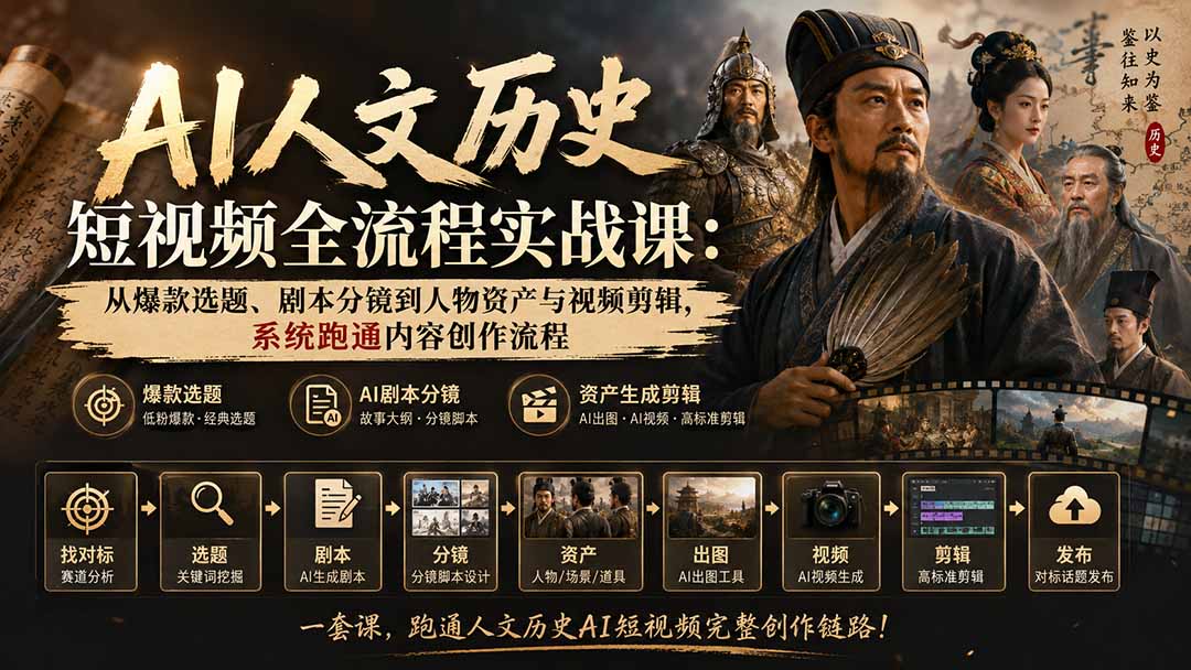 AI人文历史短视频全流程实战课：从爆款选题、剧本分镜到人物资产与视频剪辑，系统跑通内容创作流程-梦清研习社