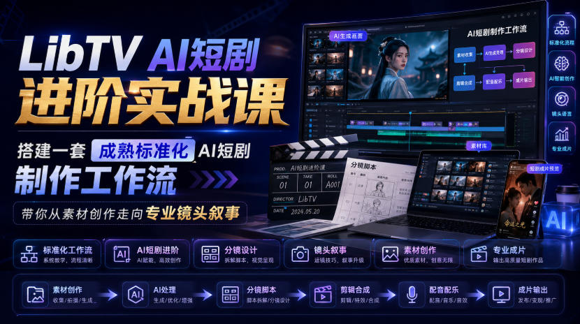 LibTV AI短剧进阶实战课，搭建一套成熟标准化AI短剧制作工作流，带你从素材创作走向专业镜头叙事-梦清研习社