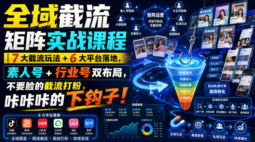 全域截流矩阵实战课程｜7大截流玩法+6大平台落地，素人号+行业号双布局，不要脸的截流打粉，咔咔咔的下钩子！-梦清研习社