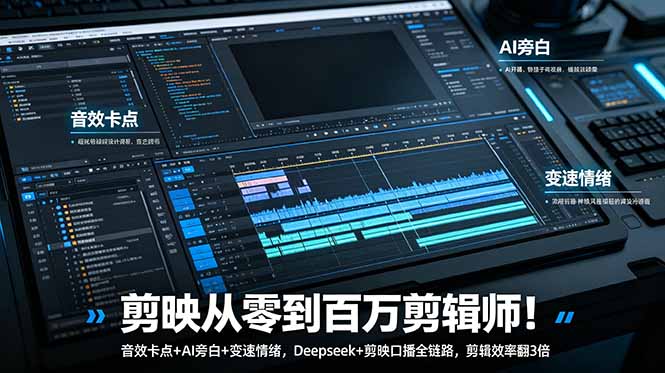 剪映从零到百万剪辑师！音效卡点+AI旁白+变速情绪，Deepseek+剪映口播全链路，剪辑效率翻3倍-梦清研习社