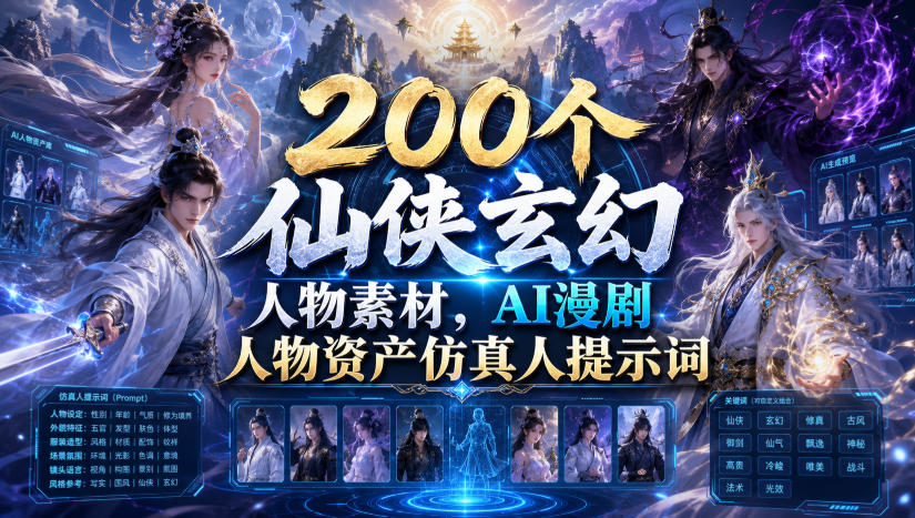 200个仙侠玄幻人物素材，AI漫剧人物资产仿真人提示词-梦清研习社