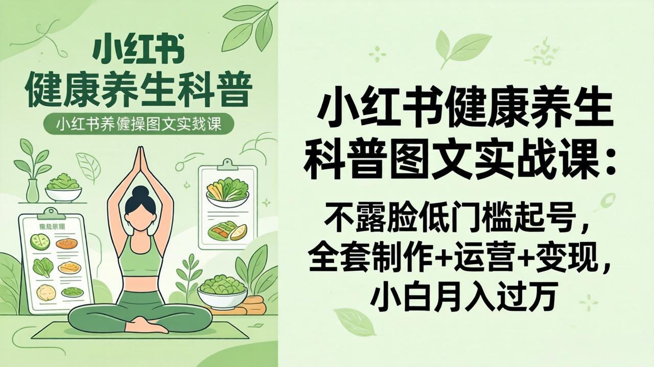 2026小红书健康养生科普图文实战课：不露脸低门槛起号，全套制作+运营+变现，小白月入过万-梦清研习社