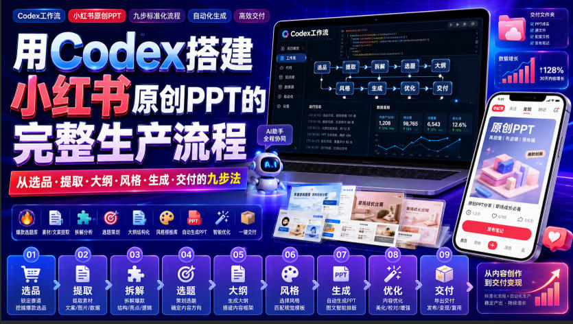 用Codex搭建小红书原创PPT的完整生产流程，从选品·提取·大纲·风格·生成·交付的九步法-梦清研习社