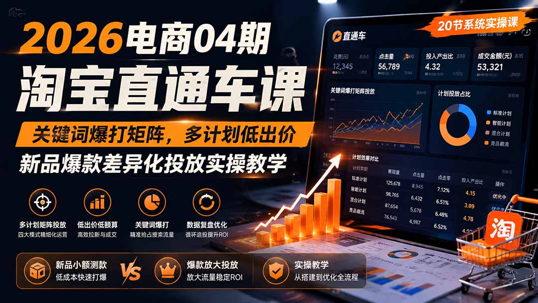 2026电商04期淘宝直通车课|关键词爆打矩阵,多计划低出价,新品爆款差异化投放实操教学-梦清研习社