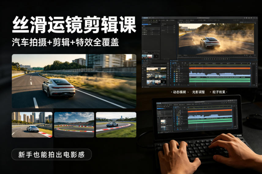 大叔丝滑运镜剪辑课，汽车拍摄+剪辑+特效全覆盖，新手也能拍出电影感-梦清研习社