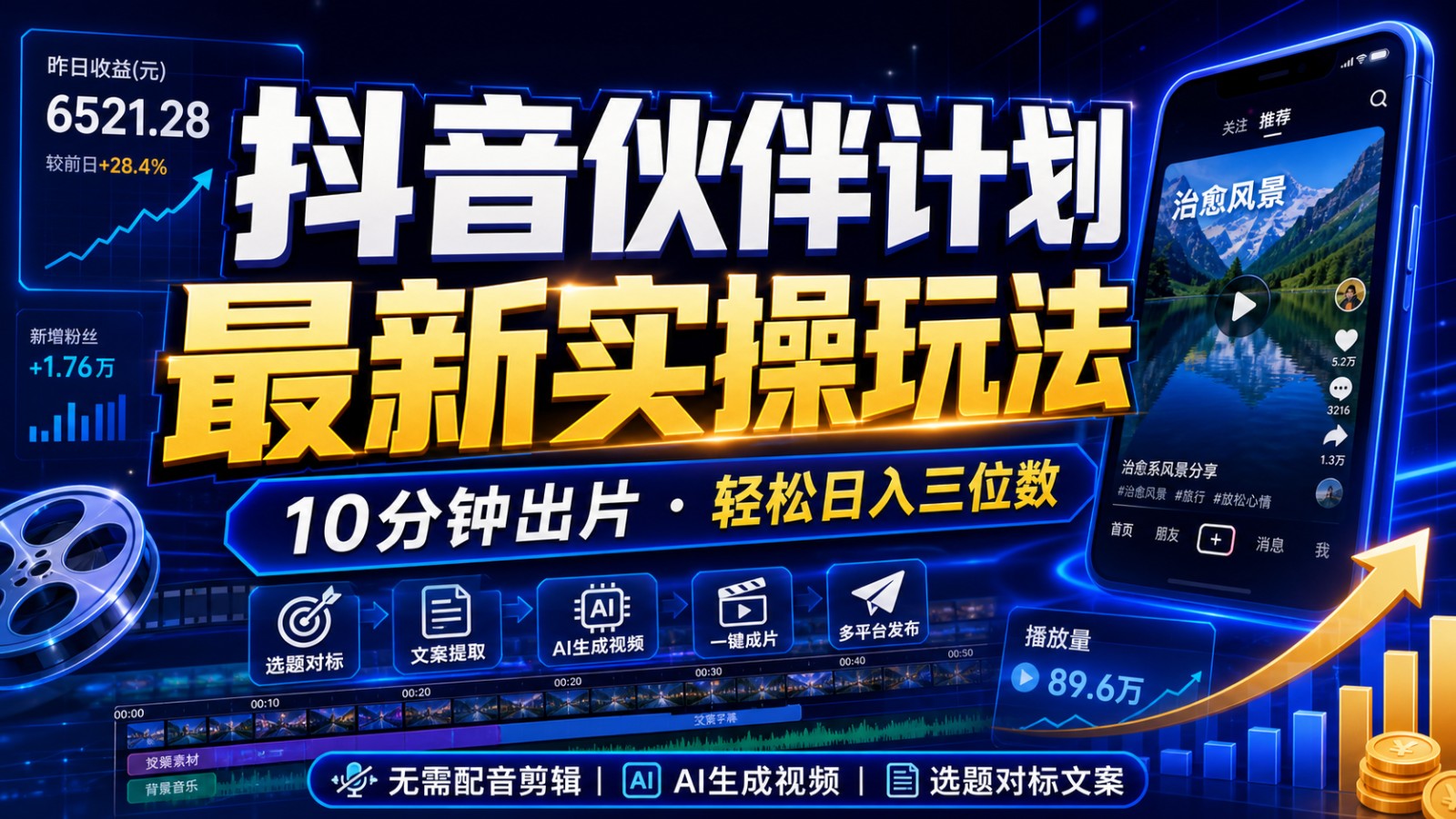抖音伙伴计划最新暴利玩法，不用找素材和剪辑，10分钟出一条原创视频，轻松日入三位数-梦清研习社