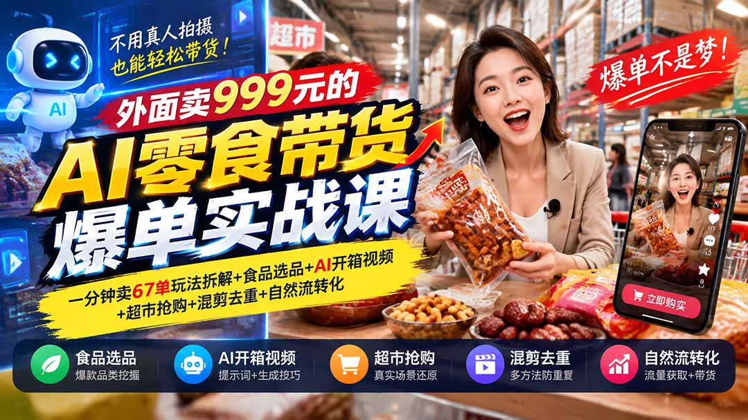 外面卖999元的AI零食带货爆单实战课｜一分钟卖67单玩法拆解+食品选品+AI开箱视频+超市抢购+混剪去重+自然流转化-梦清研习社