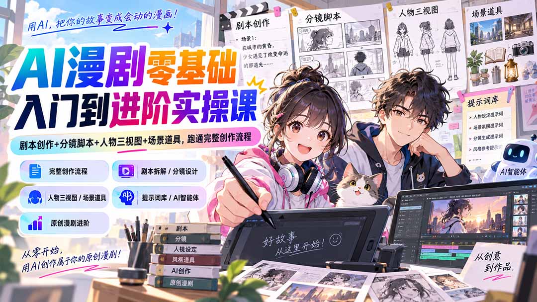AI漫剧零基础入门到进阶实操课：剧本创作+分镜脚本+人物三视图+场景道具，跑通完整创作流程-梦清研习社