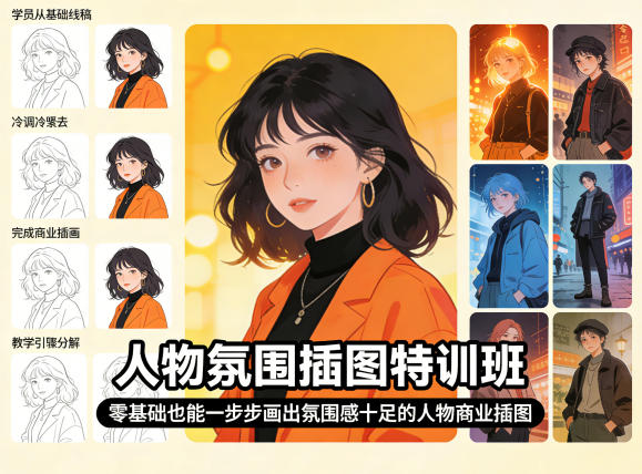 人物氛围插图特训班，零基础也能一步步画出氛围感十足的人物商业插图-梦清研习社