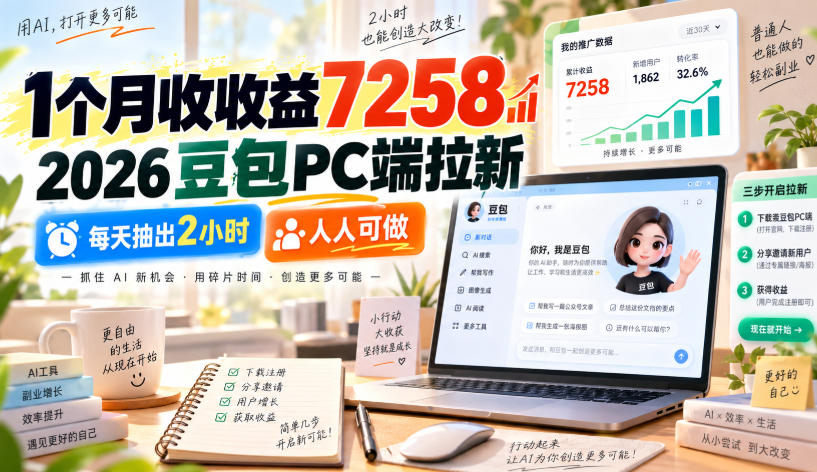 1个月收收益7258，2026豆包PC端拉新，每天抽出2小时，人人可做-梦清研习社