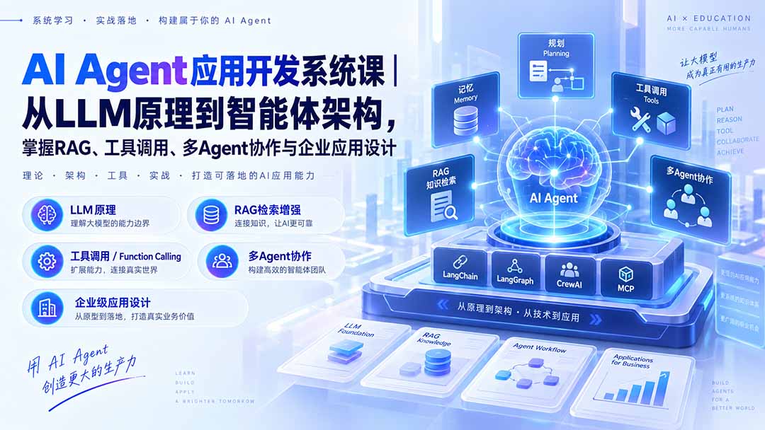 AI Agent应用开发系统课-179节｜从LLM原理到智能体架构，掌握RAG、工具调用、多Agent协作与企业应用设计-梦清研习社