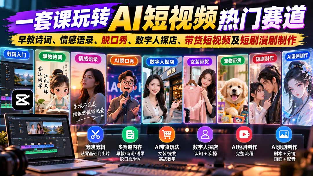 一套课玩转AI短视频热门赛道：早教诗词、情感语录、脱口秀、数字人探店、带货短视频及短剧漫剧制作  复制标题-梦清研习社