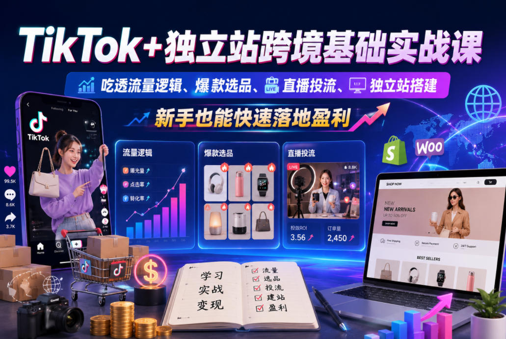 TikTok+独立站跨境基础实战课，吃透流量逻辑、爆款选品、直播投流与独立站搭建，新手也能快速落地盈利-梦清研习社