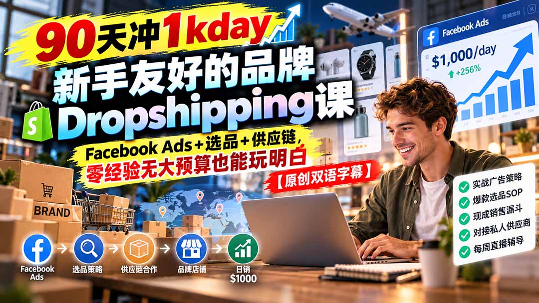 90天冲1kday 新手友好的品牌Dropshipping课：Facebook Ads+选品+供应链，零经验无大预算也能玩明白【原创双语字幕】-梦清研习社