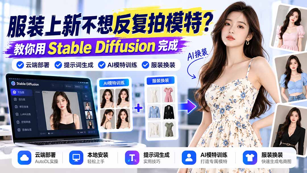 服装上新不想反复拍模特？教你用Stable Diffusion完成云端部署、提示词生成、AI模特训练与换装-梦清研习社