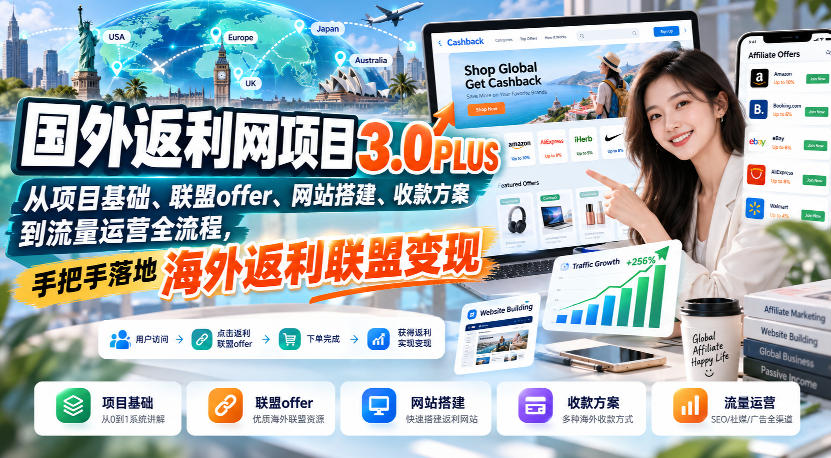 国外返利网项目3.0PLUS，从项目基础、联盟offer、网站搭建、收款方案到流量运营全流程，手把手落地海外返利联盟变现-梦清研习社