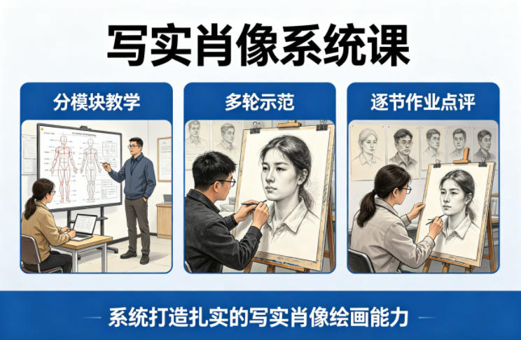 写实肖像系统课,全程分模块教学+多轮示范+逐节作业点评,系统打造扎实的写实肖像绘画能力-梦清研习社