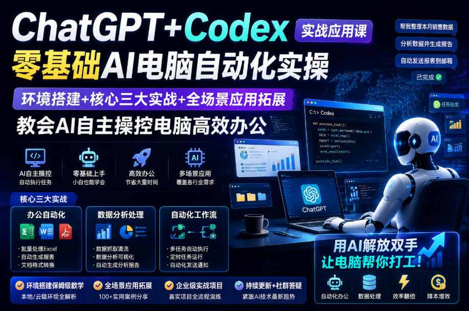 ChatGPT+Codex实战应用课｜零基础AI电脑自动化实操，环境搭建+核心三大实战+全场景应用拓展，教会AI自主操控电脑高效办公-梦清研习社