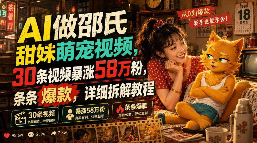 AI做邵氏甜妹萌宠视频，30条视频暴涨58万粉，条条爆款，详细拆解教程-梦清研习社