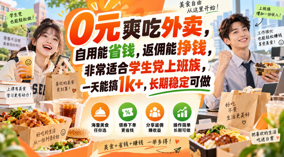 0元爽吃外卖，自用能省钱，返佣能挣钱，非常适合学生党上班族，一天能搞1k+，长期稳定可做-梦清研习社