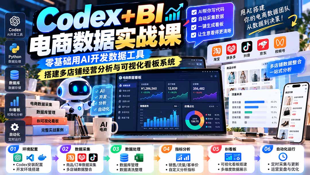 Codex+BI电商数据实战课：零基础用AI开发数据工具，搭建多店铺经营分析与可视化看板系统-梦清研习社