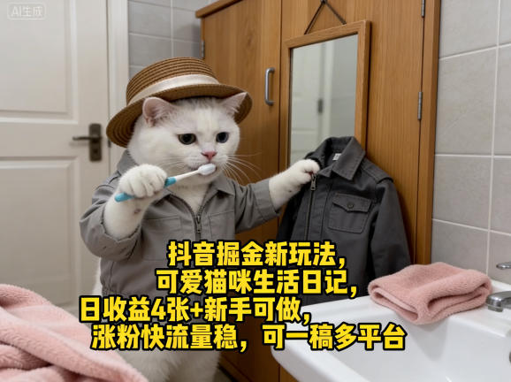 抖音掘金新玩法，可爱猫咪生活日记，日收益4张+新手可做，涨粉快流量稳，可一稿多平台-梦清研习社